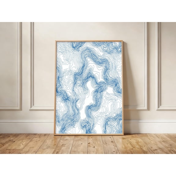 Abstract Topographic Map Print Blue Contour Lines Minimalist Wall Art Home Decor Office Wall Art