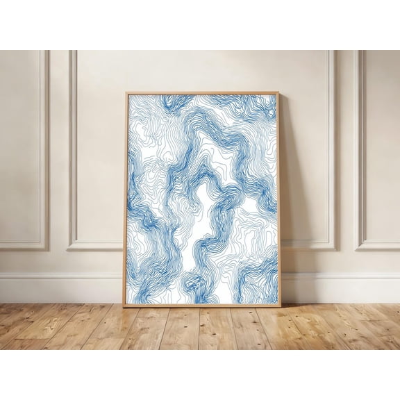 Abstract Topographic Map Print Blue Contour Lines Minimalist Wall Art, Unframed Paper Print