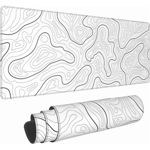 Abstract Topographic Map White Grey Black Gaming Mouse Pad Long Mouse Pad Large Desk Mat 31.5 X 11.8 Inch Mousepad with Non-Slip Base Stitched Edge Keyboard Mat for Gaming Office
