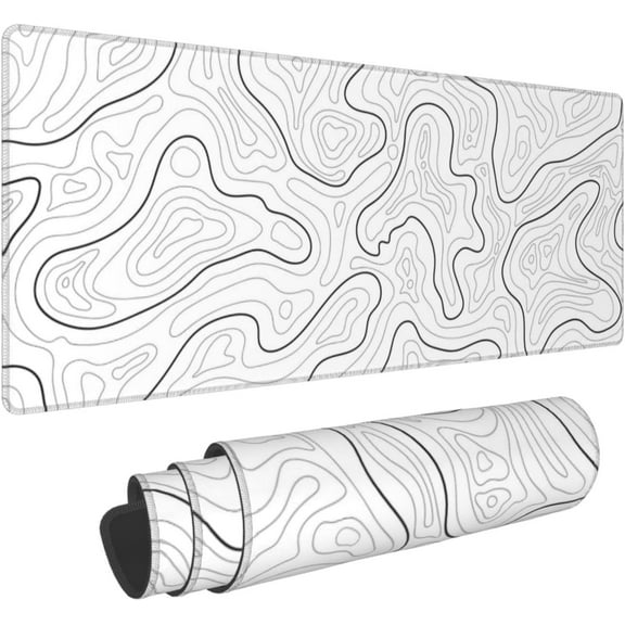 Abstract Topographic Map White Grey Black Gaming Mouse Pad Long Mouse Pad Large Desk Mat 31.5 X 11.8 Inch Mousepad with Non-Slip Base Stitched Edge Keyboard Mat for Gaming Office