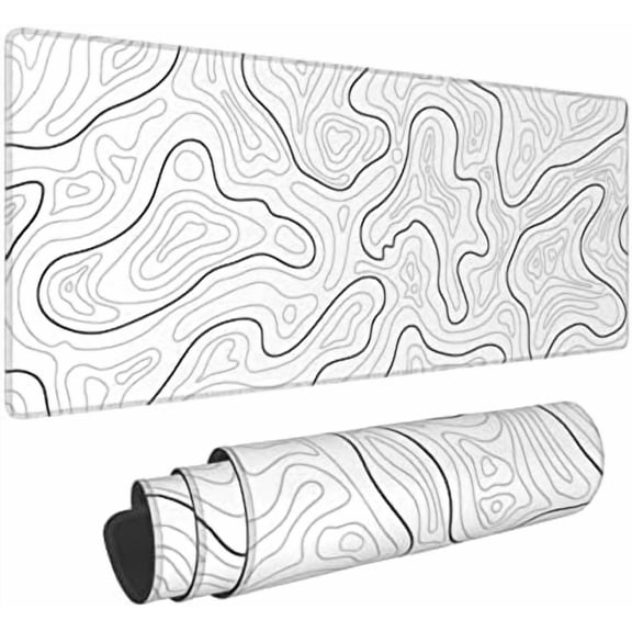 Abstract Topographic Map White Grey Black Gaming Mouse Pad Long Mouse Pad Large Desk Mat 31.5 X 11.8 Inch Mousepad with Non-Slip Base Stitched Edge Keyboard Mat for Gaming Office