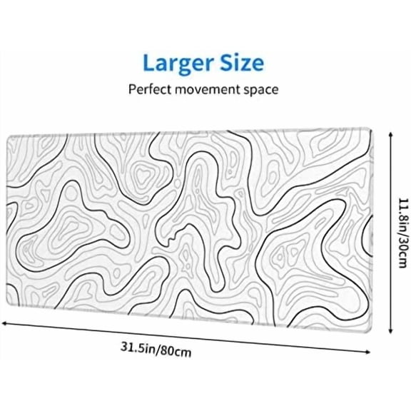 Abstract Topographic Map White Grey Black Gaming Mouse Pad Long Mouse Pad Large Desk Mat 31.5 X 11.8 Inch Mousepad with Non-Slip Base Stitched Edge Keyboard Mat for Gaming Office