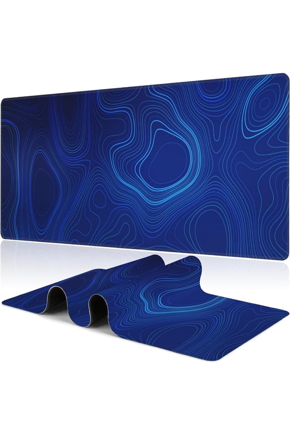 Abstract Topography Design Desk Mat,Large Dark Blue Topographic Line Art Gaming Keyboard Mouse Pad,Non-Slip Rubber Base Desk Pad Thick Stitched Edges Waterproof Mousepad Mouse Mat 31.5"x11.8"