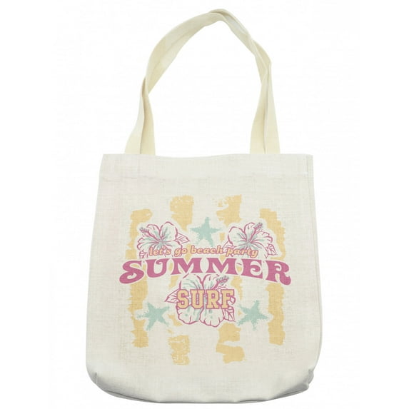 Abstract Tote Bag, Summer Theme Flowers and Surf Image in Vintage Designed Print, Cloth Linen Reusable Bag for Shopping Books Beach and More, 16.5" X 14", Cream, by Ambesonne