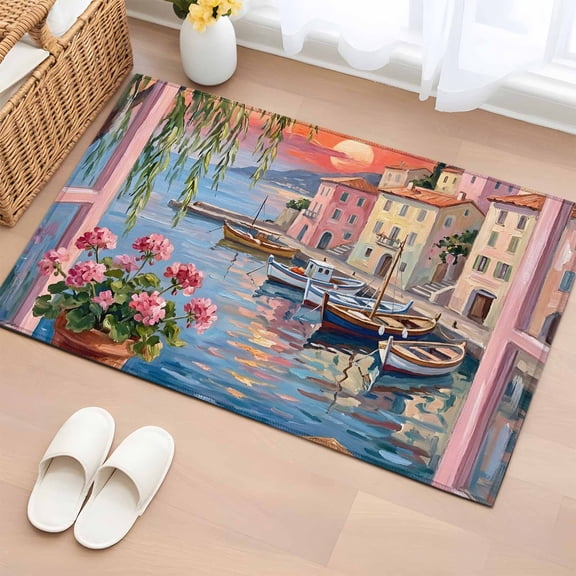 Abstract Town 2'x3' Rug for Entryway Front Door Kitchen Sink Area, Sailboat Houses Pink Flower Book Sunset Green Tree Low Pile Washable Non Slip Rectangle Area Rug