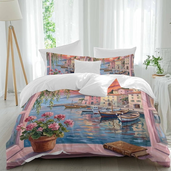 Abstract Town California King Duvet Cover Set, Sailboat Houses Pink Flower Book Sunset Green Tree 4 Piece Microfiber Bedding Set with Zipper Closure, Bed Sheet and 2 Pillow Shams, Soft Bedding Cover