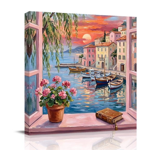 Abstract Town Canvas Wall Art for Living Room, Sailboat Houses Pink Flower Book Sunset Green Tree Poster Print Painting for Bedroom Office Home Decoration Wall Pictures Prepare To Hang 8"x8"