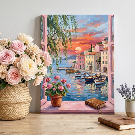 Abstract Town Canvas Wall Art for Living Room, Sailboat Houses Pink Flower Book Sunset Green Tree Wall Decor Framed Artwork Pictures Ready to Hang for Bedroom Office Home Decor 8x10 Inch