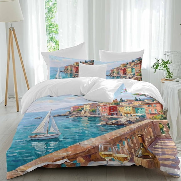 Abstract Town Full Duvet Cover Set, Sailboat Houses Sea Wine Pink Floral Oil Painting 4 Piece Microfiber Bedding Set with Zipper Closure, Bed Sheet and 2 Pillow Shams, Soft Bedding Cover