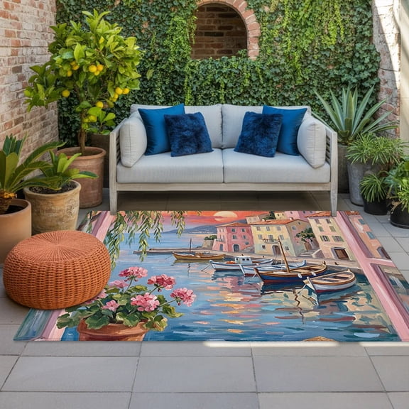 Abstract Town Indoor Outdoor Rugs 4x6 Ft, Sailboat Houses Pink Flower Book Sunset Green Tree Outdoor Patio Rugs Mat Washable Outside Area Rugs Carpet for Porch Deck RV Camping Pool Balcony Backyard