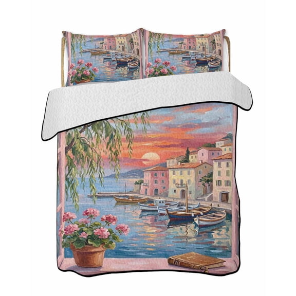 Abstract Town Quilts Bedding Set Twin Size Sailboat Houses Pink Flower Book Sunset Green Tree Lightweight Quilted Bedspread 3 Piece Bed Quilt with 2 Pillow Shams All Season for Bedroom 68" x 86"