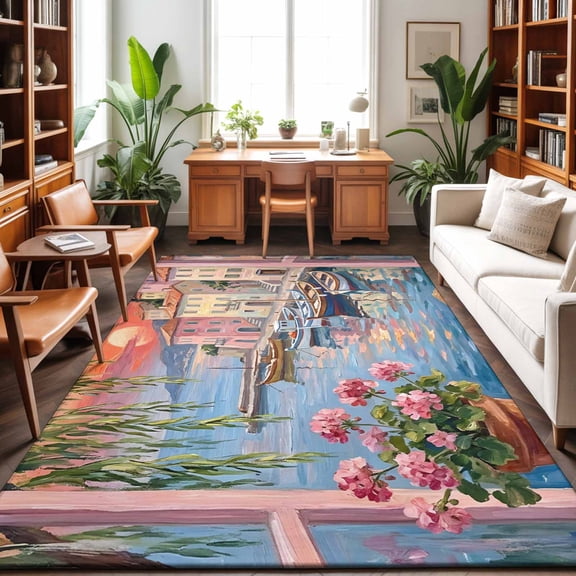 Abstract Town Washable Area Rug 9 x 12 ft Sailboat Houses Pink Flower Book Sunset Green Tree, Soft Non Slip Rugs Stain Repellent Indoor Felt Carpet for Living Dining Room Bedroom Home Office