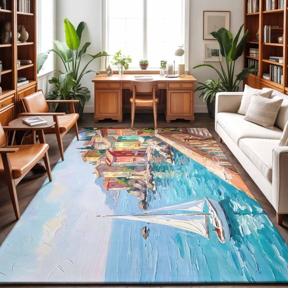 Abstract Town Washable Area Rug 9 x 12 ft Sailboat Houses Sea Wine Pink Floral Oil Painting, Soft Non Slip Rugs Stain Repellent Indoor Felt Carpet for Living Dining Room Bedroom Home Office