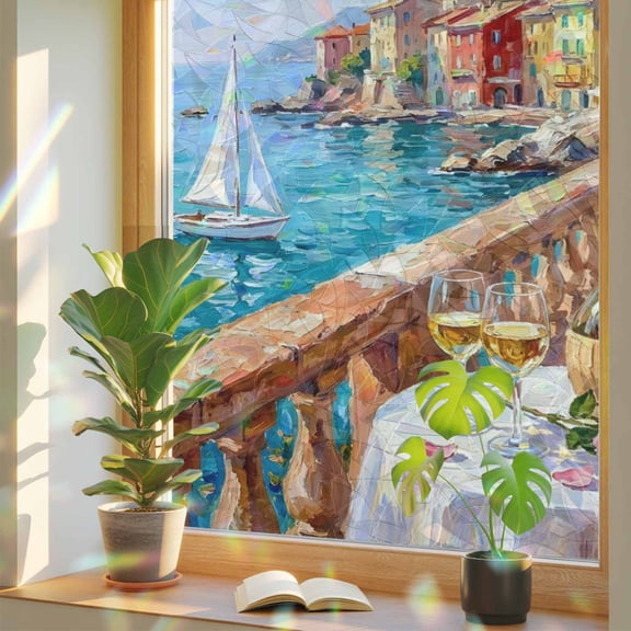 Abstract Town Window Privacy Film, Sailboat Houses Sea Wine Pink Floral Oil Painting Stained Glass Rainbow Film Decorative Window Clings, Static Cling Sun Blocking Stickers 17.7" x 39.3"