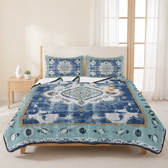 Abstract Traditional Oriental Floral 3 Pieces Quilt Set,1 Quilt with 2 Shams,Teal Blue Bedspread Soft Lightweight Bedding Coverlet Comforter Set for All Season 96"x106"
