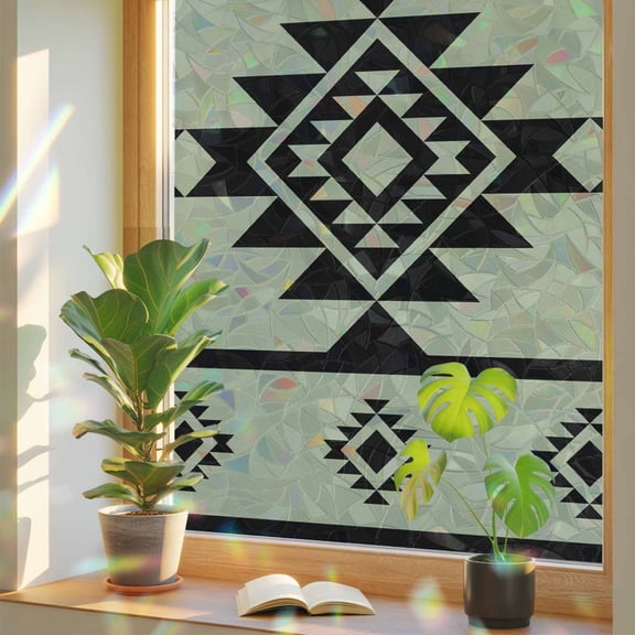 Abstract Traditional Trial on Light Green Window Privacy Film, Rainbow Film Decorative Window Sticker 17.7x39.3in, Retro Geometric Style Sun Blocking Static Stained Glass Cling Tint Non-Adhesive