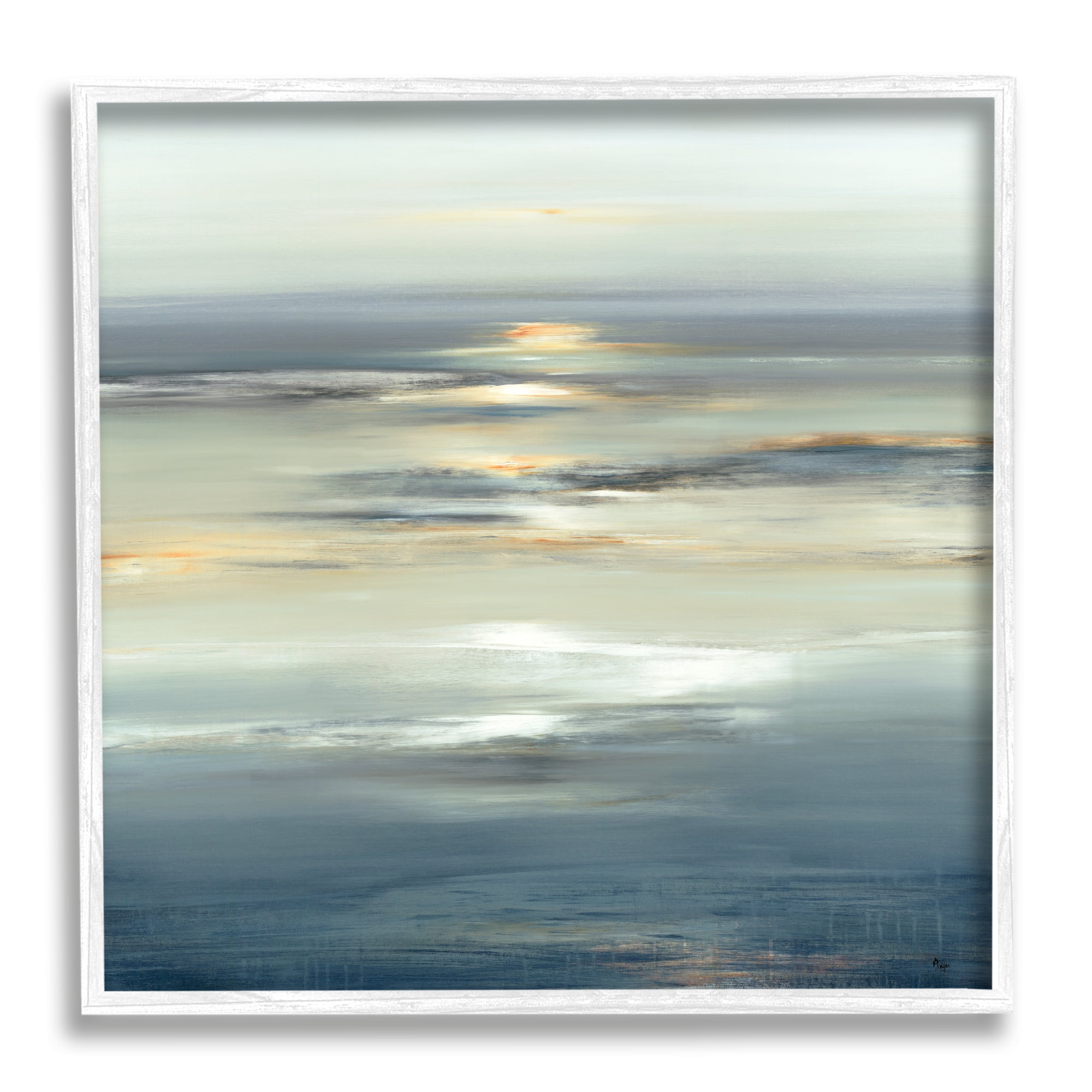Abstract Tranquil Nautical Sunrise Reflection Grey Blue Abstract Framed Art Print Wall Art, 17x17