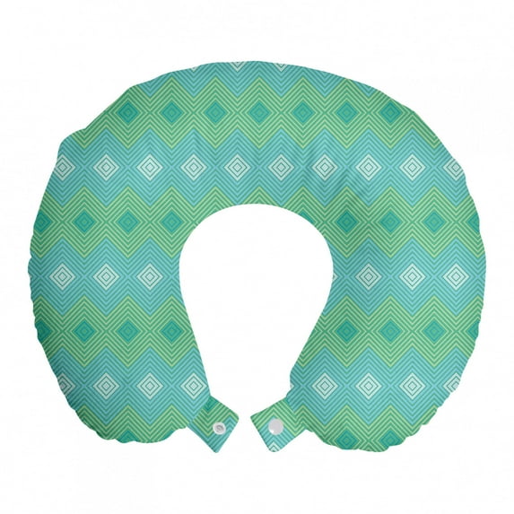 Abstract Travel Pillow Neck Rest, Rhombus Inspired Intertwined Triangles Squares Geometric Print, Memory Foam Traveling Accessory Airplane and Car, 12", Sea Green Baby Blue, by Ambesonne