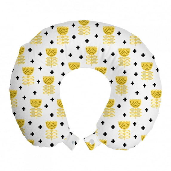 Abstract Travel Pillow Neck Rest, Scandinavian Inspired Motifs Plus Signs and Bizarre Flower Shapes, Memory Foam Traveling Accessory Airplane and Car, 12", Mustard and Charcoal Grey, by Ambesonne