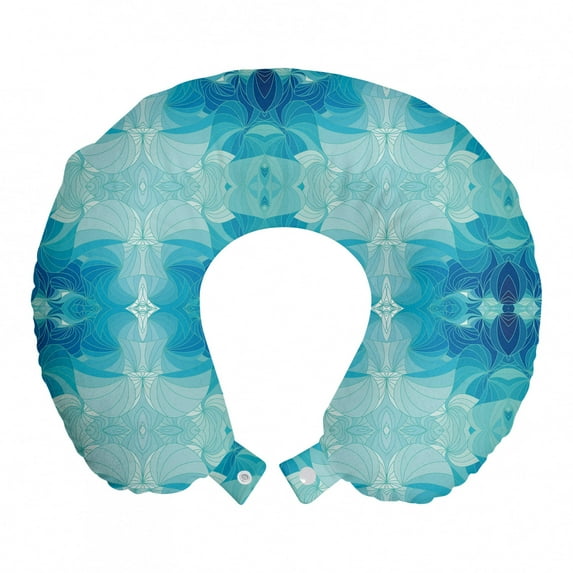 Abstract Travel Pillow Neck Rest, Tangled Aquatic Motifs Nautical Theme Spring Waves Spring Illustration, Memory Foam Traveling Accessory Airplane and Car, 12", Seafoam and Sea Blue, by Ambesonne