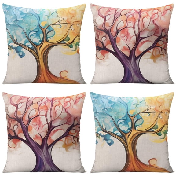 Abstract Tree Art Colorful Four Season Tree Throw Pillow Covers 18 X 18 Inch, Set Of 4, Linen Study Sofa Cushion Cover Indoor Living Room Home Decor