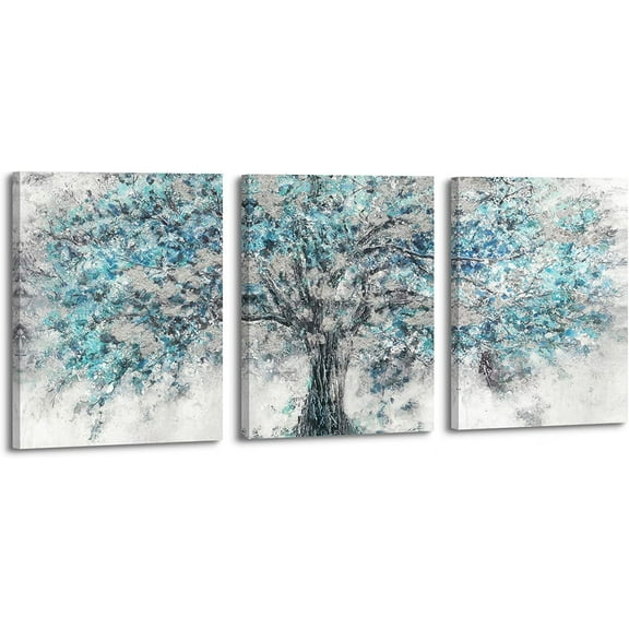 Abstract Tree Canvas Wall Art: 3 Pieces Navy Natural Scenery Prints Silver Blue Blooming Plant Painting Teal Modern Landscape Forest Picture Contemporary Artwork for Bedroom