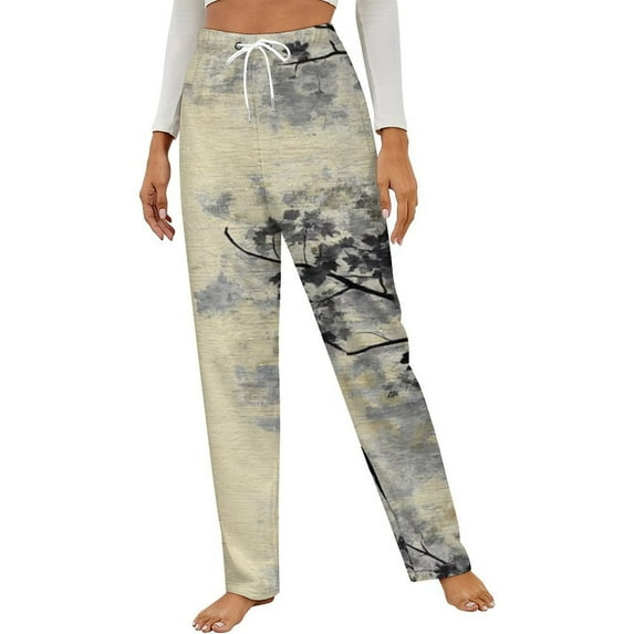 Abstract Tree Gray Design Art Winter Female Pants Flannel High Waist Women Pants Lady Warm Straight Leg Plush Trousers