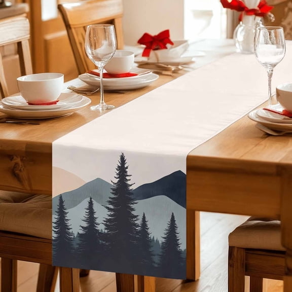 Abstract Tree Mountain Silhouette Table Runner 36 Inches Long,Kitchen Dining Tablerunners Modern Forest Peaks Landscape Linen Table Runners Dresser Scarves for Home Dinner Wedding Holiday Party Decor