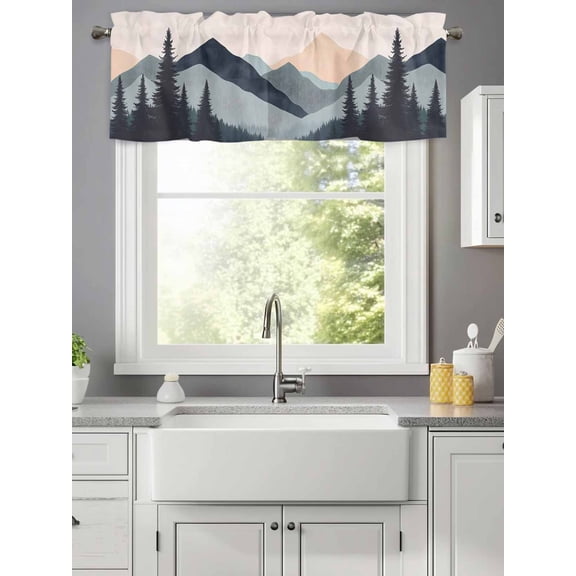 Abstract Tree Mountain Silhouette Valances for Windows,Kitchen Valance Rod Pocket Short Curtain,Modern Forest Peaks Landscape Valance Curtain Window Valances for Bedroom Living Room 42x12in