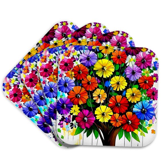 3drose, Abstract Tree of Fantastic Colorful Flowers. Magic Gift, Charm, Card, Set of 4 Coasters - Soft