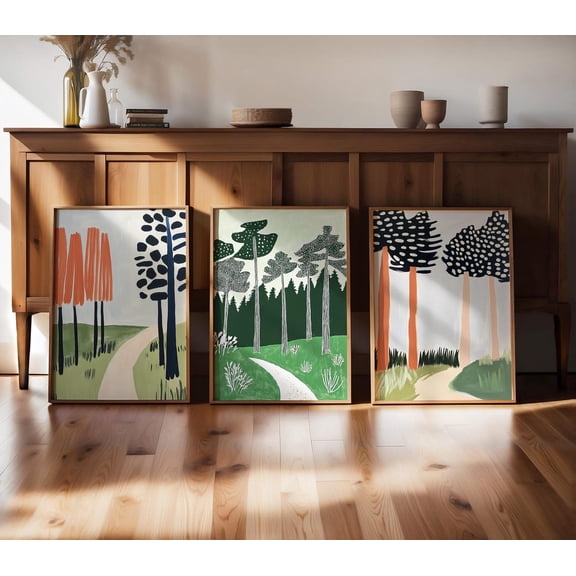 Abstract Tree Print Colorful Forest Landscape Modern Home Decor Set 3 Unframed Paper Print 8x12