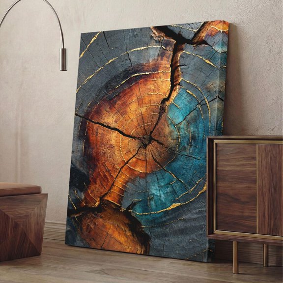 Abstract Tree Ring Teal Rust Wood Grain Art Kintsugi Gold Crack Rustic Modern Farmhouse Wall Decor, Unframed Canvas 24x36in