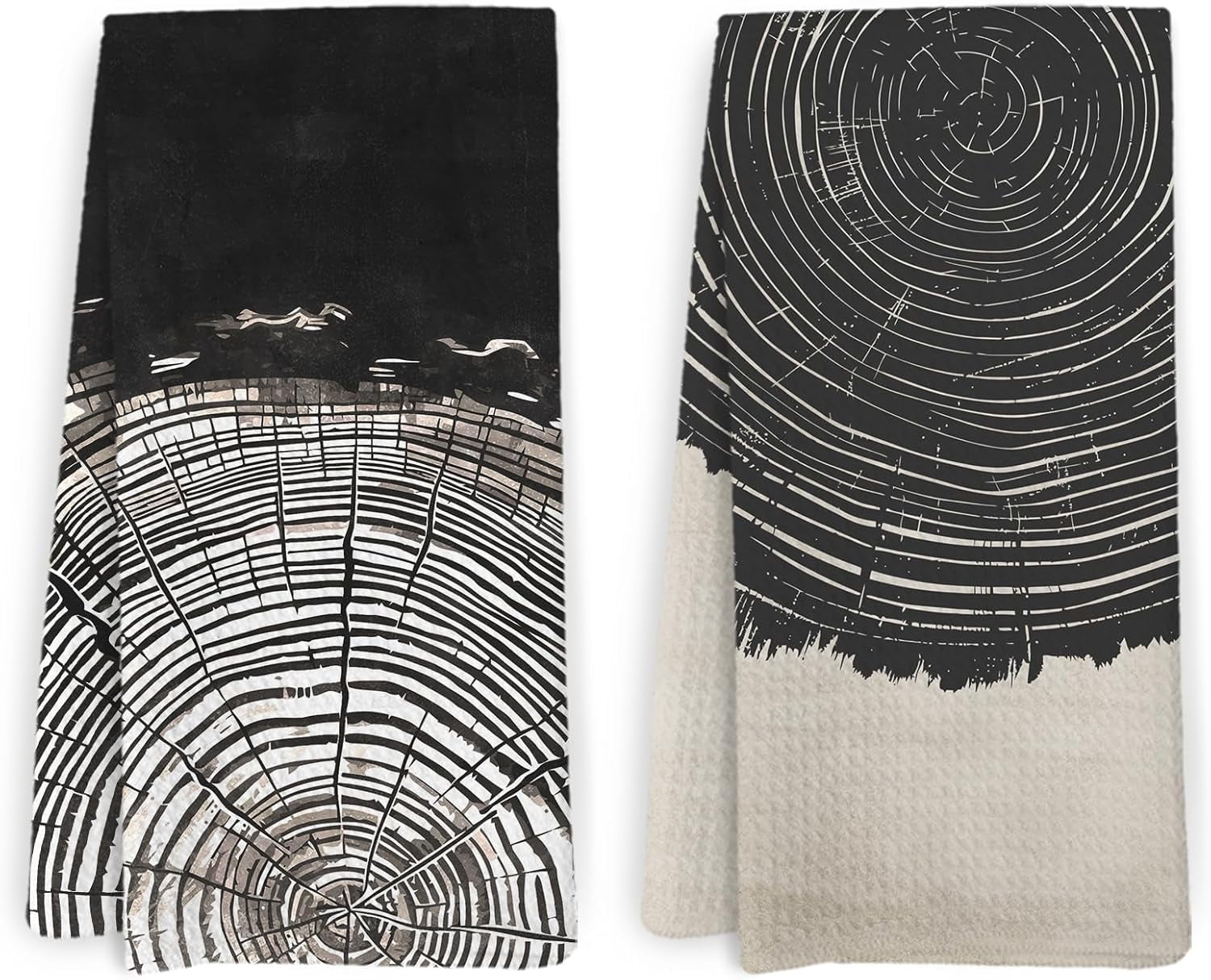 Abstract Tree Rings Decor Kitchen Towels and Dishcloths Set of 2, Black and Beige Dish Towels, Mid Century Rustic Decorative Hand Tea Towels for Bathroom Kitchen, 16×24 Inch