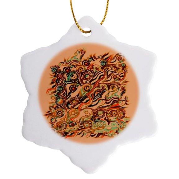 3drose, Abstract Tree Roots in Gold Orange on Salmon Background, 3 inch Snowflake Porcelain Ornament