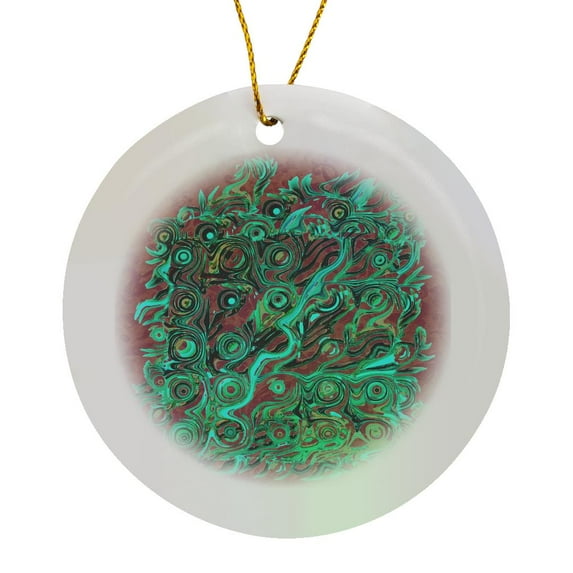 Abstract Tree Roots In Hues Of Teal And Mint Green On Coffee Brown Damask Background, Circle Porcelain Ornament