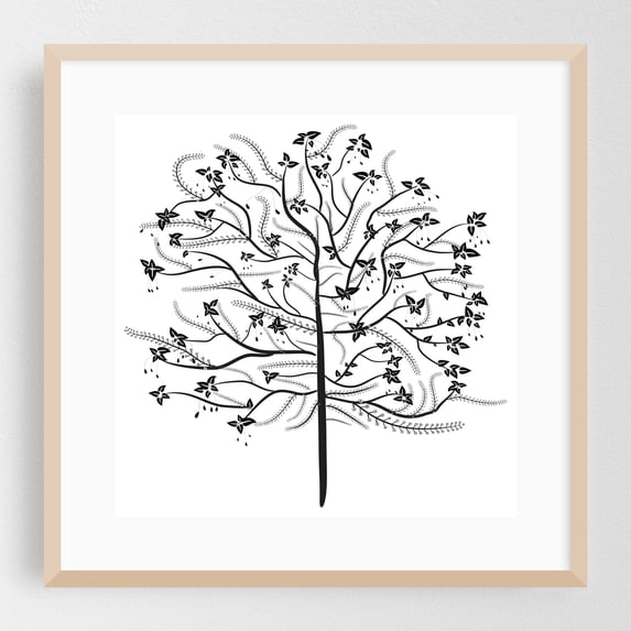 Abstract Tree Silhouette With Leaves - Digital Art Line Art Abstract Black and White Botanical Floral Minimalist Nature Oak Framed Wall Art Print 16 x 16 inches