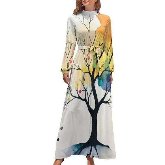 Abstract Tree Splash Art Women's Long Dress Long Sleeves Dress Vintage Dresses Party Maxi Dress High Waist Dress