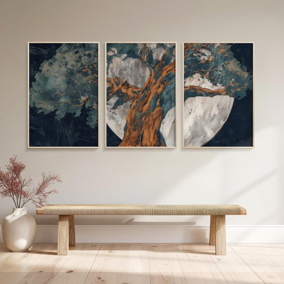 Abstract Tree Wall Art Modern Forest Triptych Prints Earth Tone Copper Poster Set 3