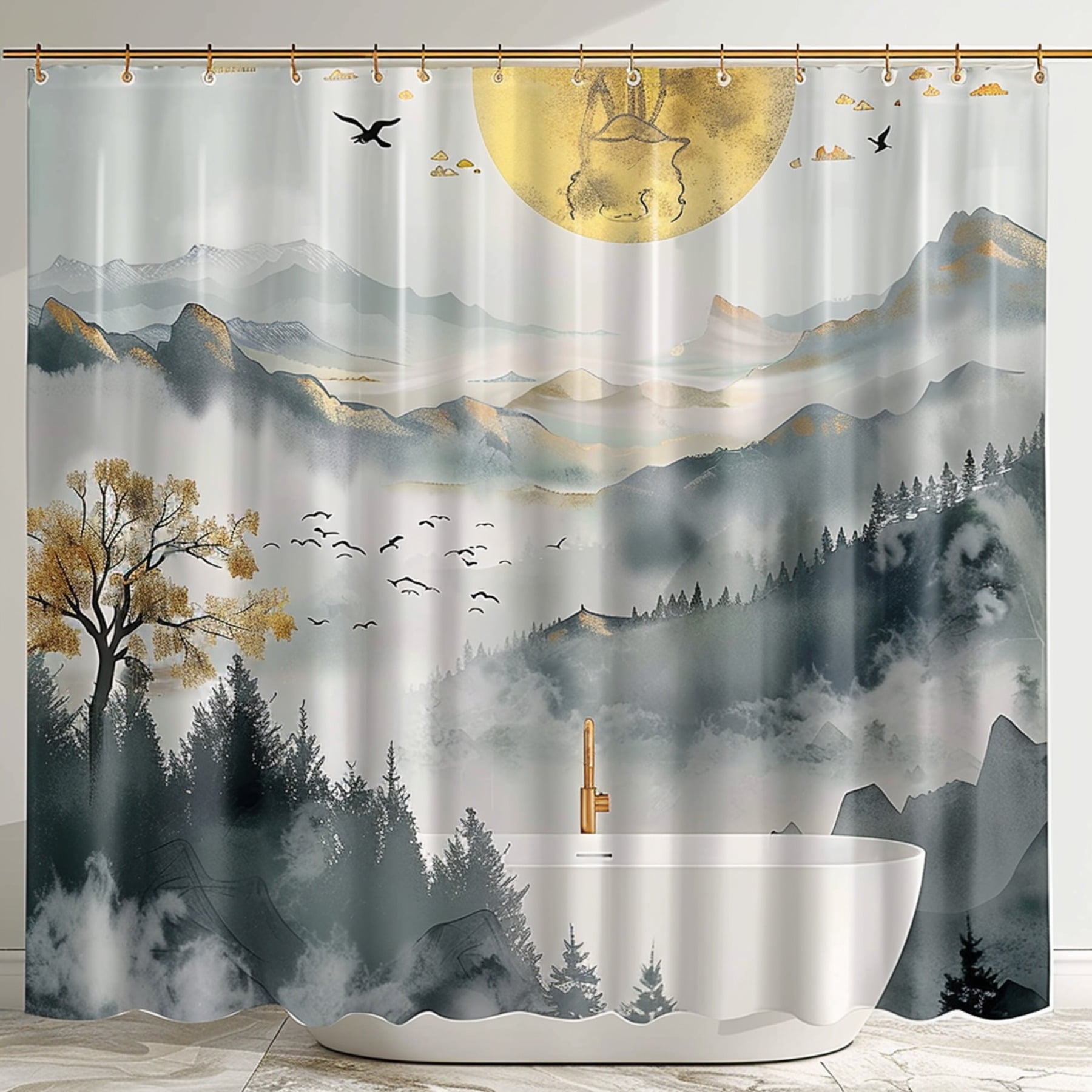 Abstract Tree in Foggy Forest Shower Curtain Modern Style Bathroom Decor with Watercolor Effect