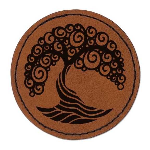 Abstract Tree of Life 2.5" Faux Leather Round Engraved Iron-On Patch - Brown
