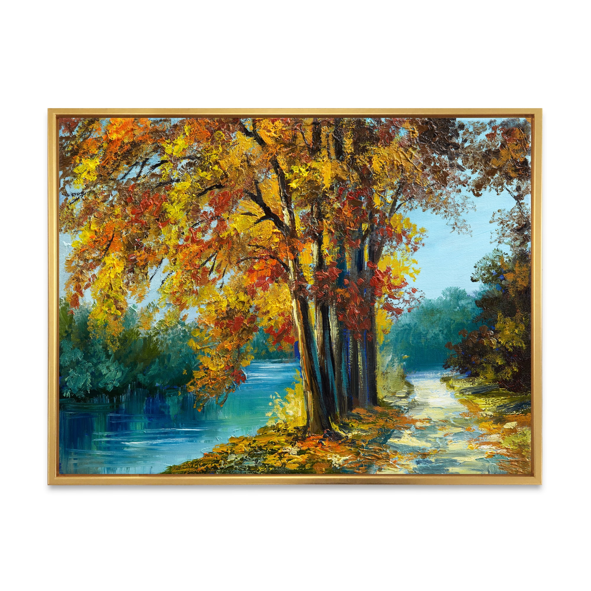 Abstract Trees In Warm Autumn Colors By Bright Blue River 32 in x 24 in Framed Painting Canvas Art Print, by Designart