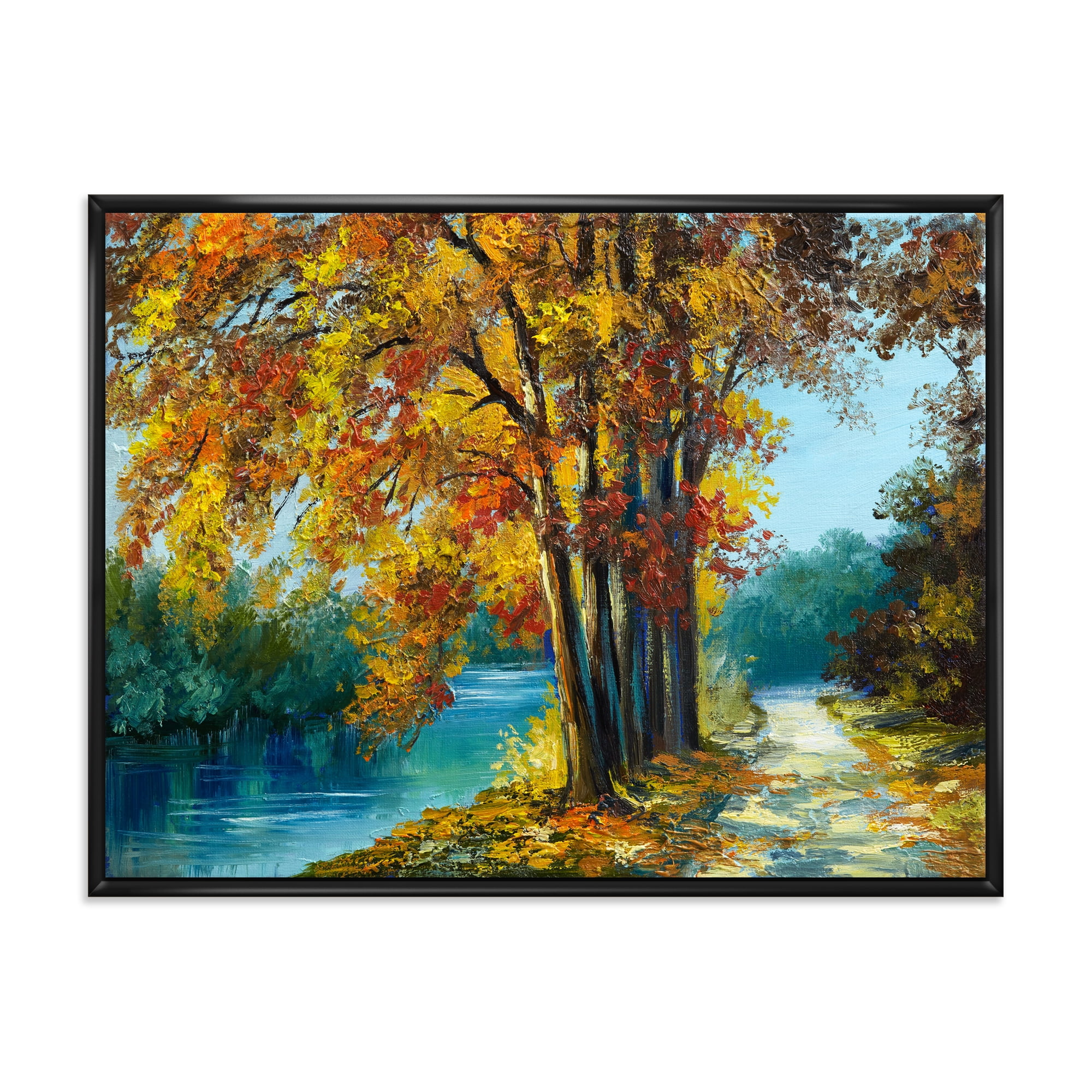 Abstract Trees In Warm Autumn Colors By Bright Blue River 32 in x 24 in Framed Painting Canvas Art Print, by Designart