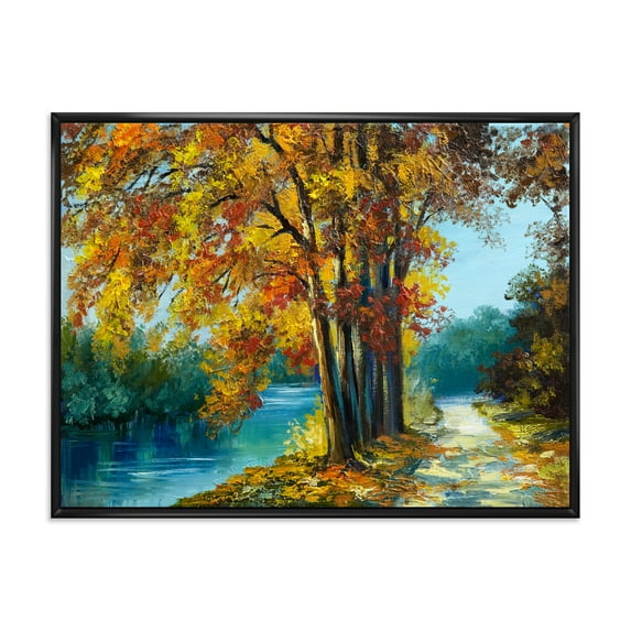 Abstract Trees In Warm Autumn Colors By Bright Blue River 40 in x 30 in Framed Painting Canvas Art Print, by Designart