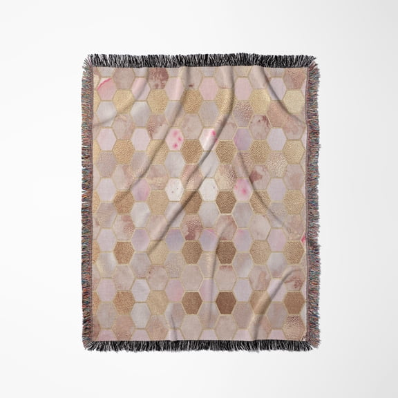 Abstract Trendy Rose Gold Geometrical Copper Marble Honey Comb Pattern, Woven Blanket