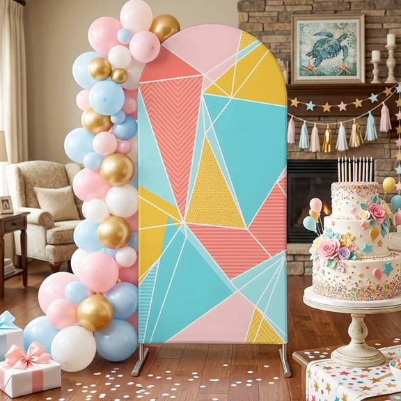 Abstract Triangles Arch Backdrop Covers 4 FT, Art Pastel Mosaic Minimalist Pink Blue Yellow Stretchy Fitted Arched Stand Covers Party Arch Stand Cover Photo Booth for Wedding Birthday Decor