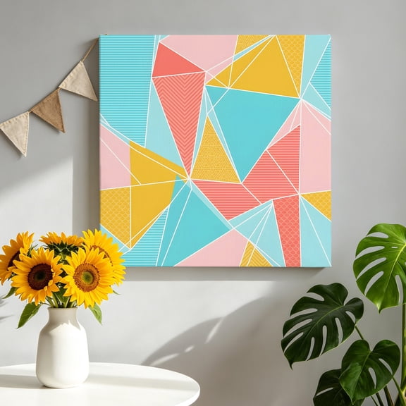 Abstract Triangles Canvas Wall Art, Art Pastel Mosaic Minimalist Pink Blue Yellow Framed Canvas Wall Decor Picture Print Artwork Decorations for Living Room Office Ready to Hang 16" x 16"