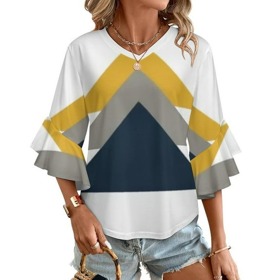 Abstract Triangles Geometric Art Print Women's V-Neck Blouse With 3/4 Ruffled Bell Sleeves Casual Top Ladies Blouses