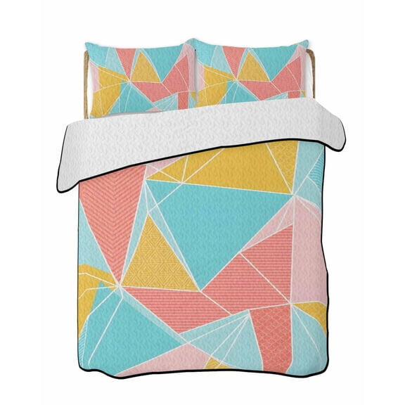 Abstract Triangles Quilts Bedding Set Twin Size Art Pastel Mosaic Minimalist Pink Blue Yellow Lightweight Quilted Bedspread 3 Piece Bed Quilt with 2 Pillow Shams All Season for Bedroom 68" x 86"