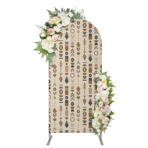 Abstract Tribal Arrows Arch Backdrop Cover 4FT, Boho Middle Century Sand Vertical Spandex Fitted Stretchy Arch Stand Covers, Round Top Chiara Backdrop Cover for Wedding Party Birthday Baby Shower