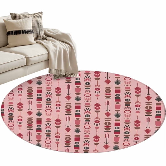 Abstract Tribal Arrows Round Rug 4ft Washable Circle Entryway Rugs Non Slip Boho Middle Century Dusty Rose Vertical Area Rug Carpet for Bedroom Kitchen Living Room Home Office Dining Room Nursery